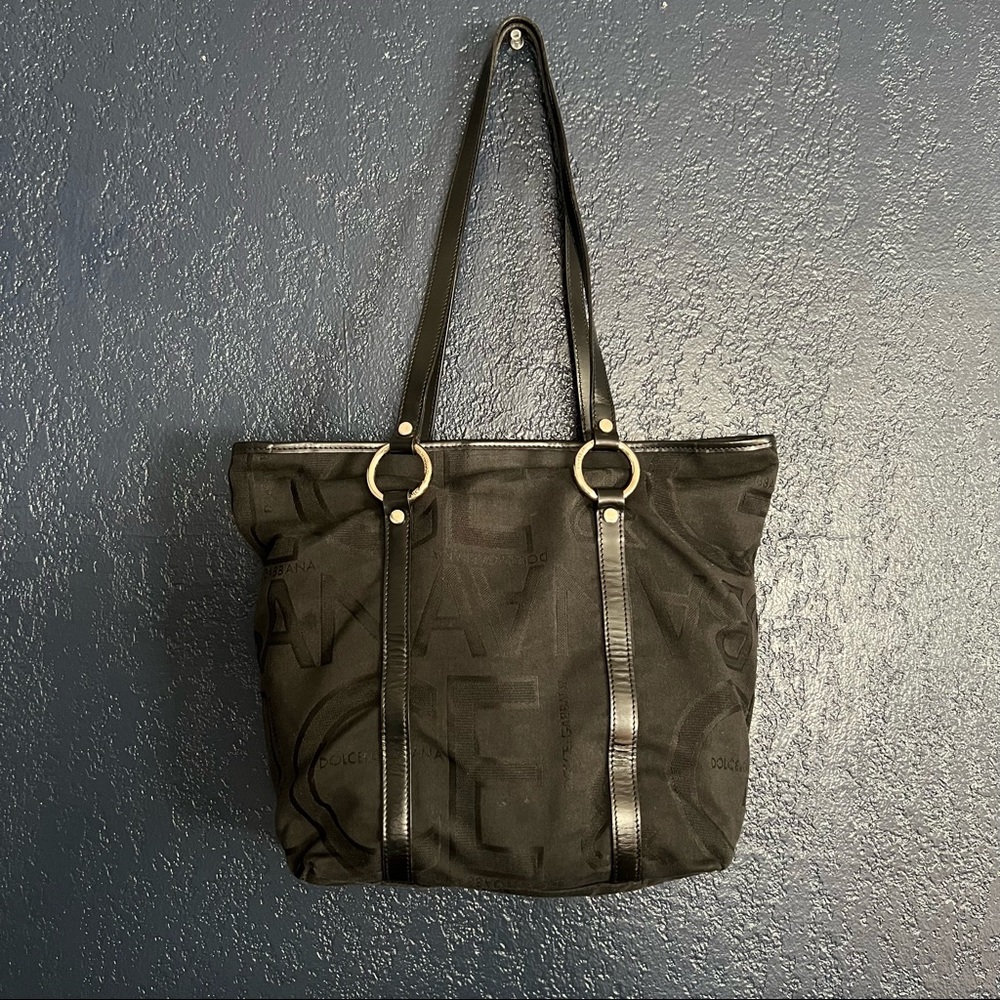 DOLCE & GABBANA D&G Logo Tote Black Canvas Bag with Leather Straps